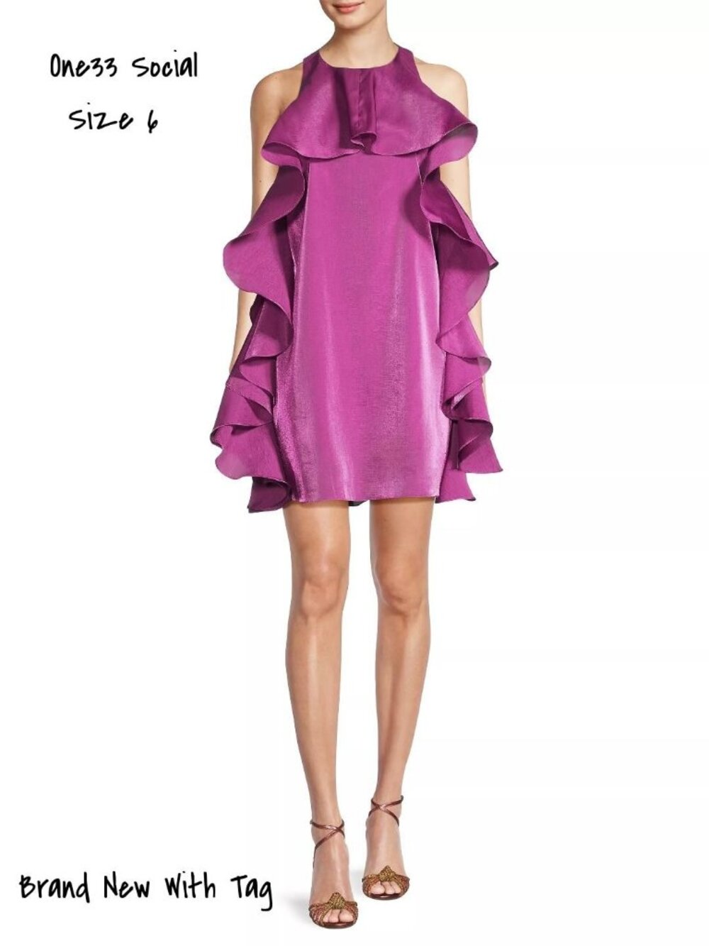 One33 Social Halter Mini Dress Chiffon Ruffle Fuchsia Size 6 New With Tag